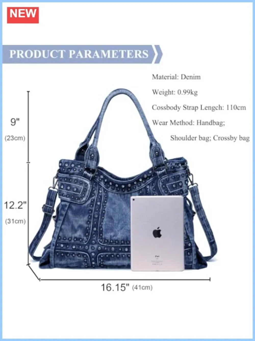Designer Denim Hobo Tote Bag Crossbody Shoulder Purse Washed Denim Handbag